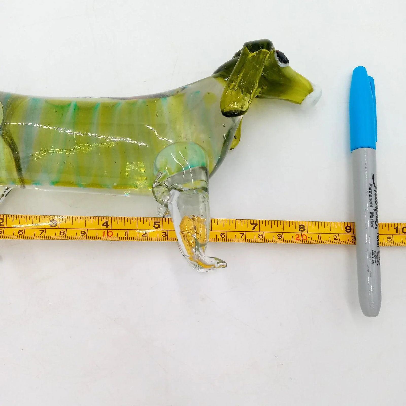 Vintage Art Glass Dachshund Sculpture Green Turquoise Dog Figurine - 12