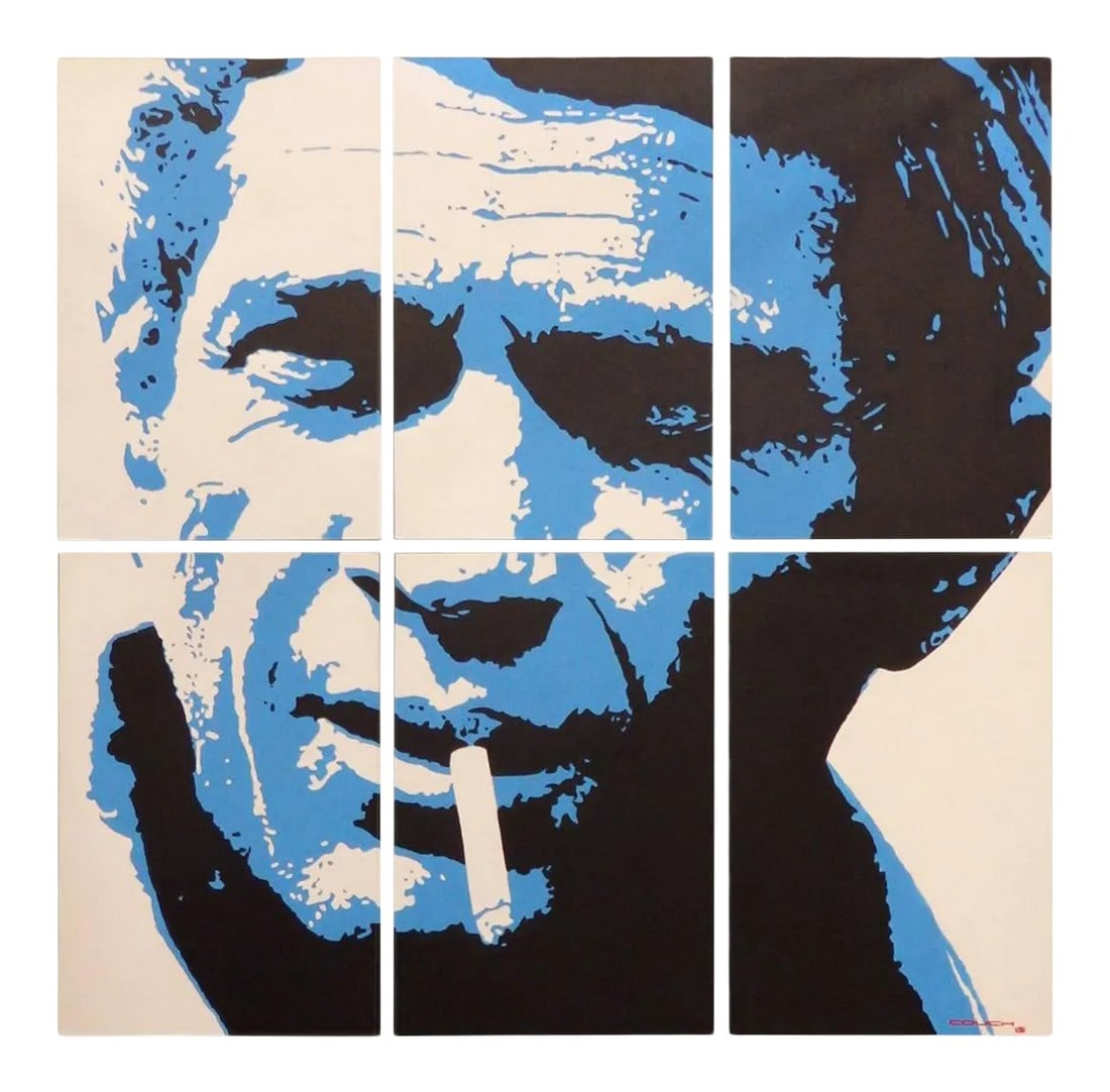 Steve McQueen Portrait Painting by Detroit Artist Billy Couch - Set of 6: Large six-panel Steve Mcqueen portrait painting by Detroit artist Billy Couch. Acrylic on canvas . Six separate panels hung individually . Each measures 24 x 32 for a total of 72 square Condition: Alt