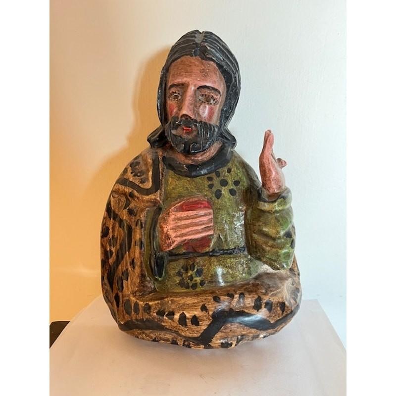 Vintage Hand Carved 9" Wood Santo Statue Folk Art Bulto Figure Wall Hanging - 2