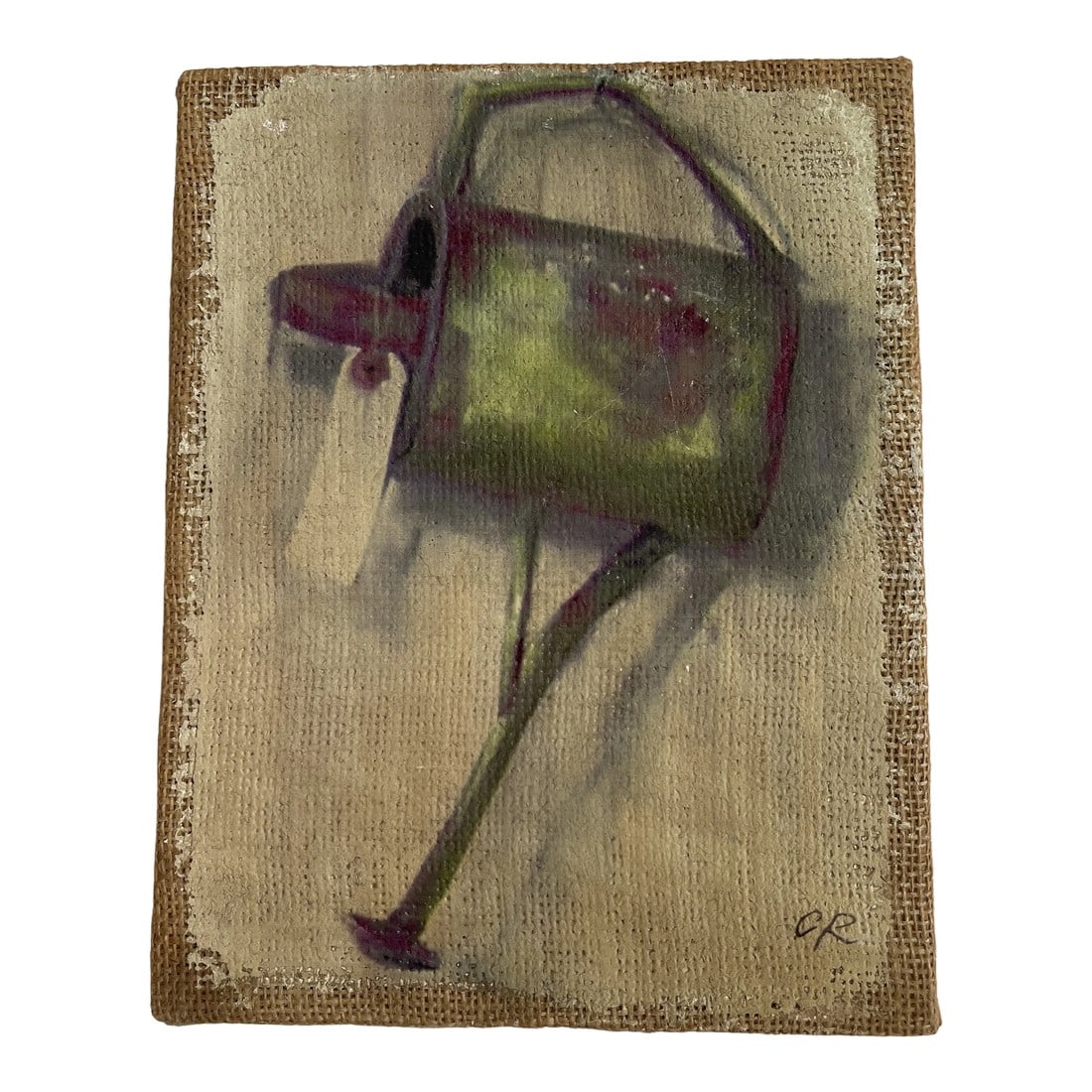1990s Still Life Painting of a Garden Watering Can by Carol Rowan: Vintage and charming, colorful small painting on burlap over board by Carol Rowan. The painting measures 9 inches tall by 7.25 inches wide and is 1 inch deep. And is in excellent condition. I believe
