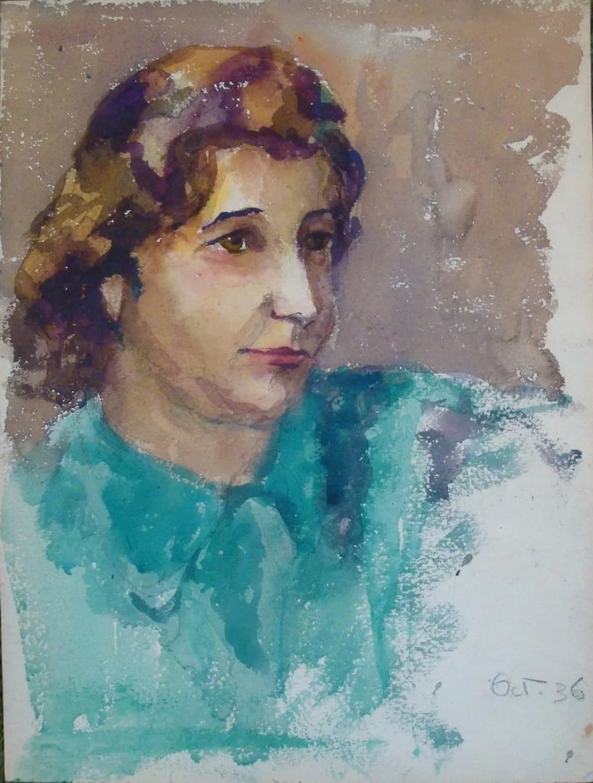 1930s Painting Watercolor Portrait of Woman in Blue: Charming casual watercolor painting of a young woman dressed in a rich turquoise aqua blue dress. Dated lower right "Oct. '36." Unsigned. Heavy off-white art paper stock. Several small stray spots