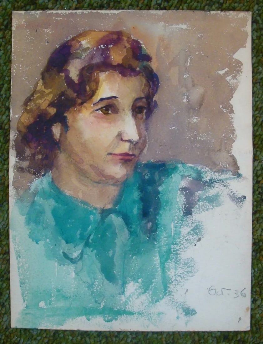 1930s Painting Watercolor Portrait of Woman in Blue - 2