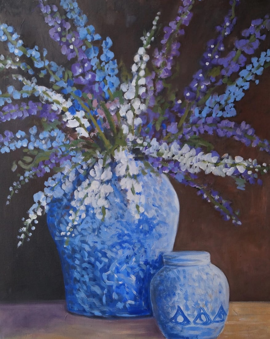1990s "Still Life with Larkspur" Acrylic Painting: Still life with Larkspur Condition: Imperfections: No Imperfections Dimensions: Height: 30 in. Width: 24 in. Depth: 1 in. Category: Paintings Origin: United States Materials: Acrylic Paint Shipping: