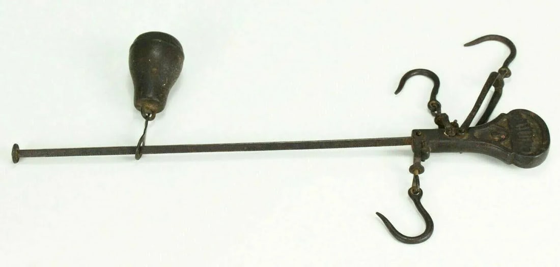 1800's Cast Iron Hanging Balance Beam Scale 3 Hooks Original Counterweight - 11