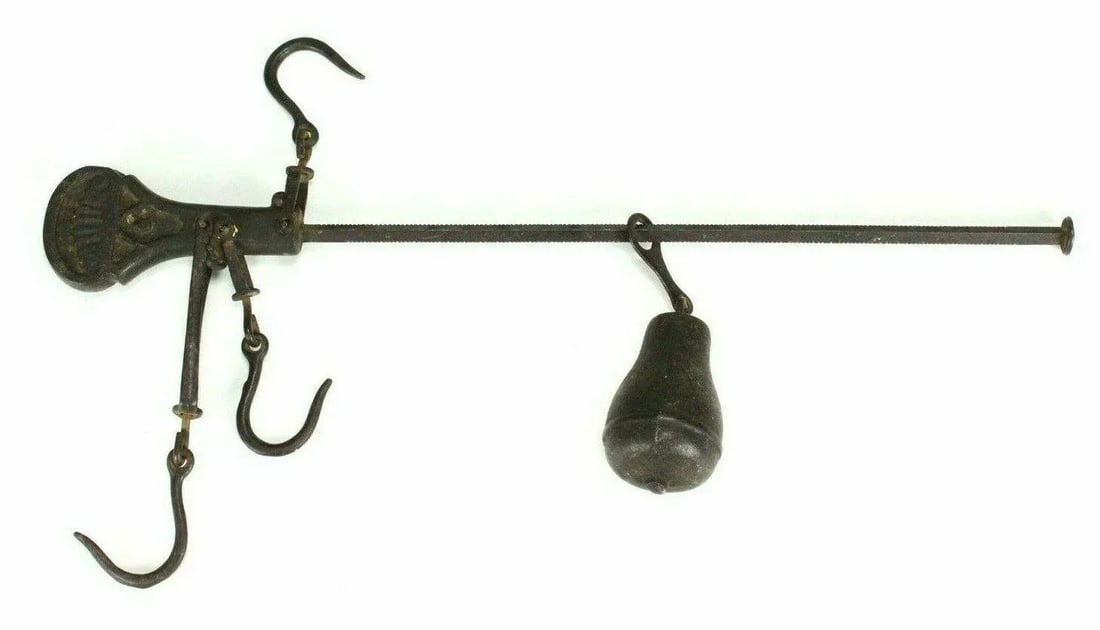 1800's Cast Iron Hanging Balance Beam Scale 3 Hooks Original Counterweight - 12