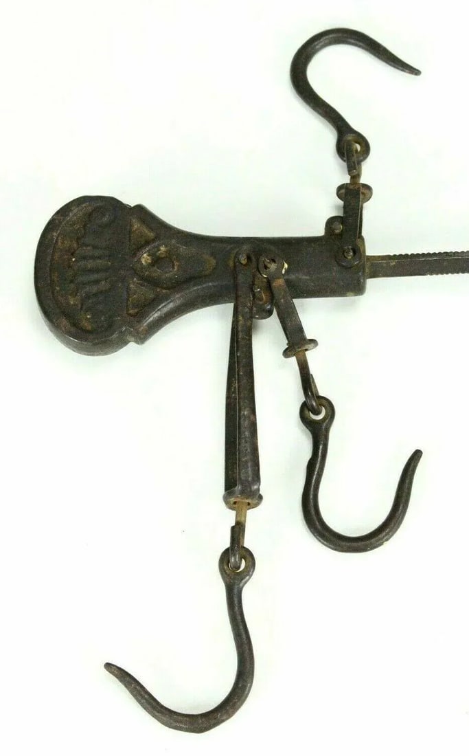 1800's Cast Iron Hanging Balance Beam Scale 3 Hooks Original Counterweight - 2