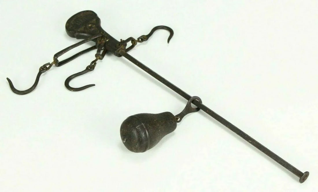 1800's Cast Iron Hanging Balance Beam Scale 3 Hooks Original Counterweight - 3