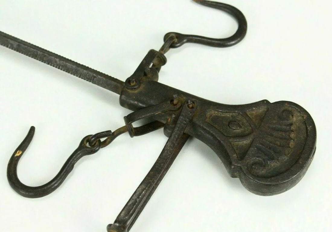 1800's Cast Iron Hanging Balance Beam Scale 3 Hooks Original Counterweight - 9