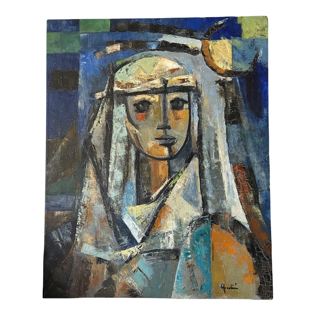Mid 20th Century Original Cubist Portrait Oil Painting of a Woman in a Veil: Mid Century Cubist Woman in Vale Orginal Oil Painting Singed Excellent dimension and texture Condition: Alterations: Original Condition Unaltered Imperfections: Some Imperfections Condition Notes: