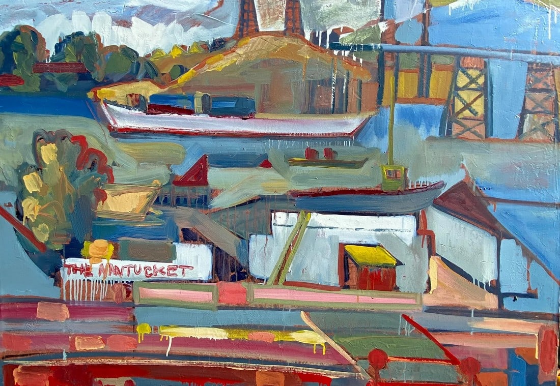 Contemporary Plein Air California Landscape Oil Painting by James Hartman: Shipped safely rolled oil on canvas. This large 39"x54" painting was done on location in Crockett, CA. There is a good response here to painting at this location on the water The painting shows as