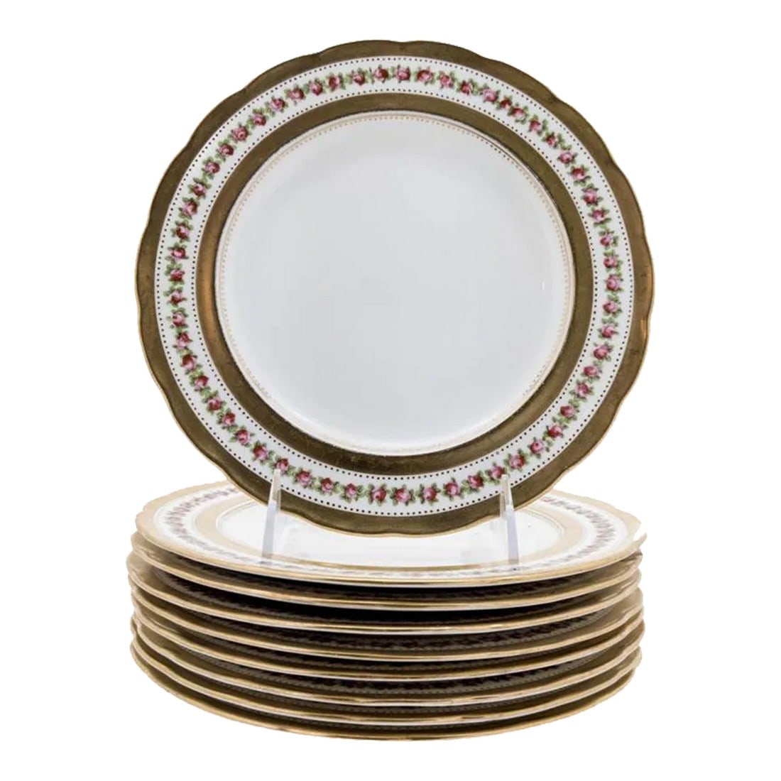 Scalloped Edge Antique English Dessert Plates, Rose and Gilt Design - Set of 10: From the storied English firm of George Jones & Sons, this pretty set of dessert or first course plates features hand painted roses and gilt trimmed edges. Custom ordered through the fine gilded age