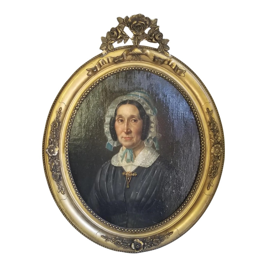 Antique Portrait of a Woman in a Gold Frame: This lovely lady would be a fine addition to any gallery wall or watching from above the fireplace! Her ornate gold frame and rich colors are not for the faint of heart! Nearly life-size, you can
