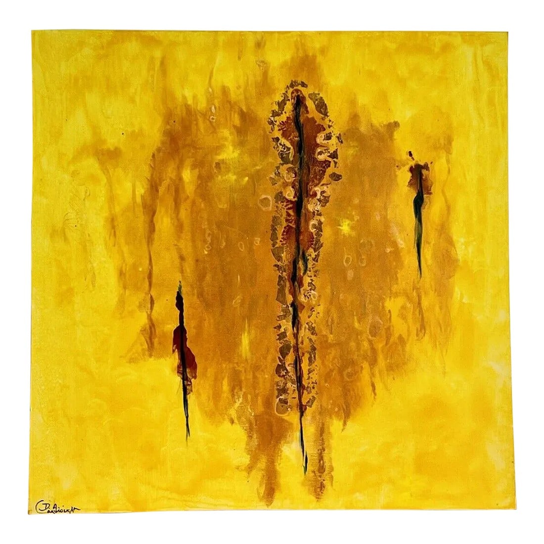 1970s Abstract Yellow Impasto Painting: PALM BEACH ESTATE FIND! Original Abstract Postmodern Acrylic Painting circa 60s 70s. Signed lower left. A wonderful addition to your collection of Midcentury Modern or Contemporary Art. Measures a