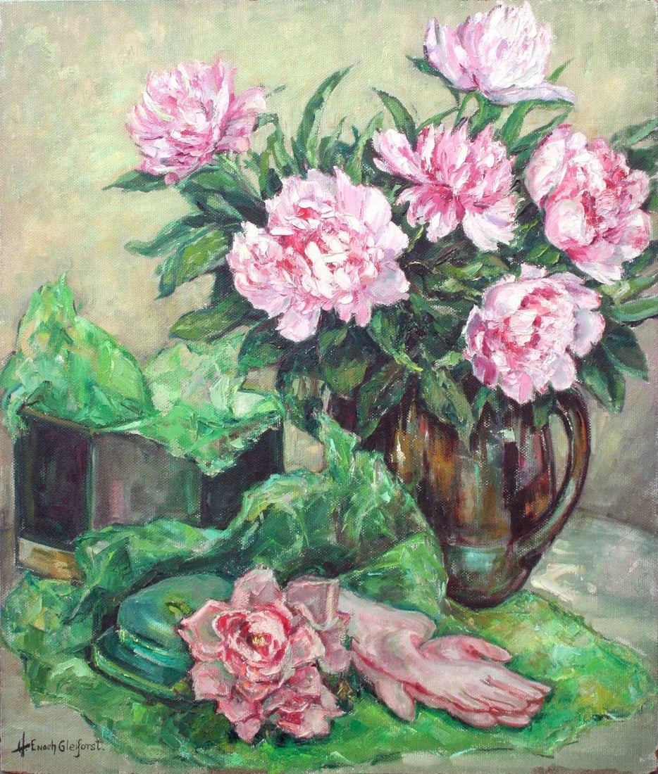 Mid 20th Century Spring Garden with Peonies and Garden Gloves Oil Painting by Helen Enoch Gleiforst: Gorgeous and vibrant mid century spring garden still life of a vase of pink peonies with a pair of garden gloves in the foreground by listed artist Helen Gleiforst (American, 1903-1997). Signed "H.