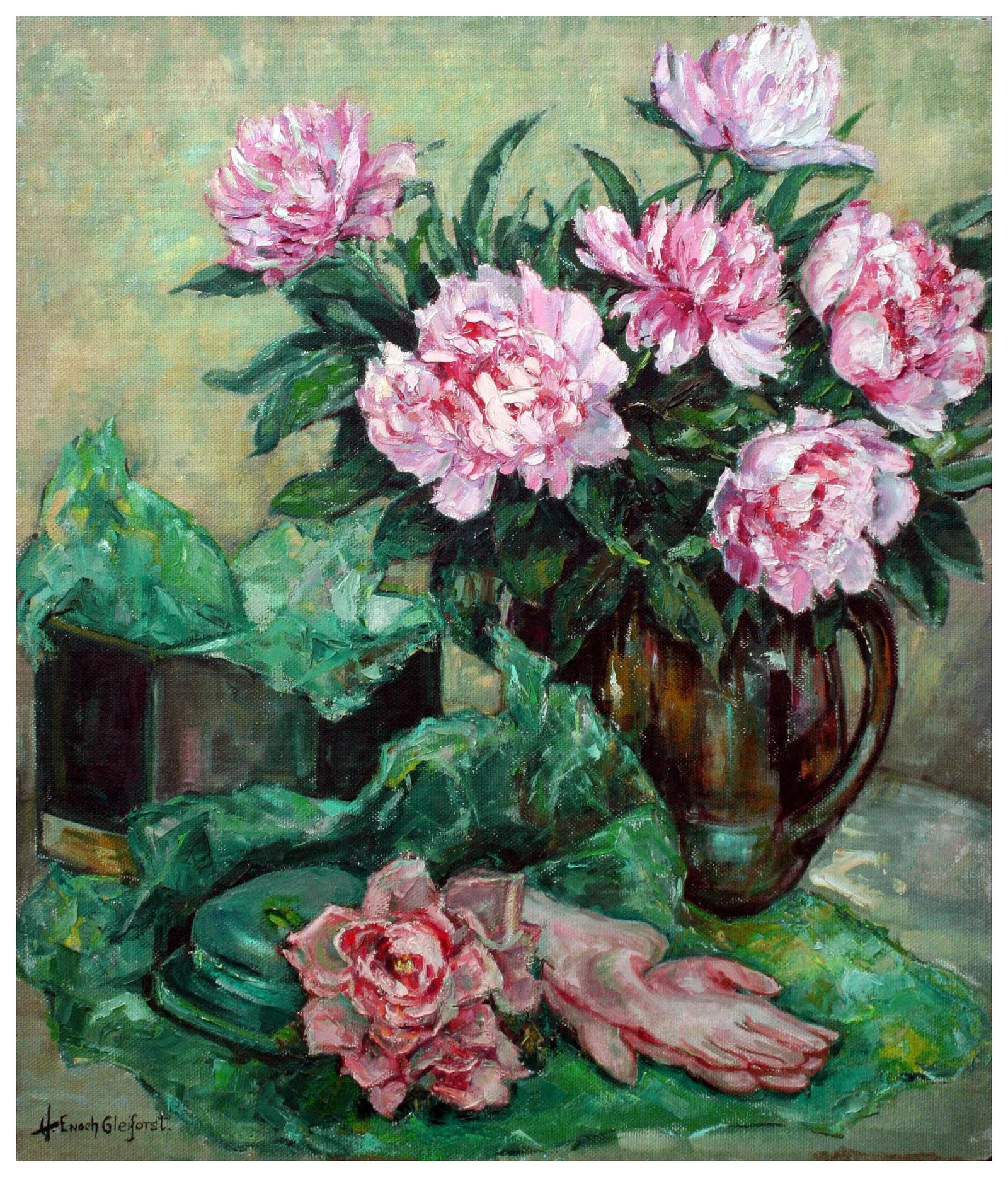Mid 20th Century Spring Garden with Peonies and Garden Gloves Oil Painting by Helen Enoch Gleiforst - 2