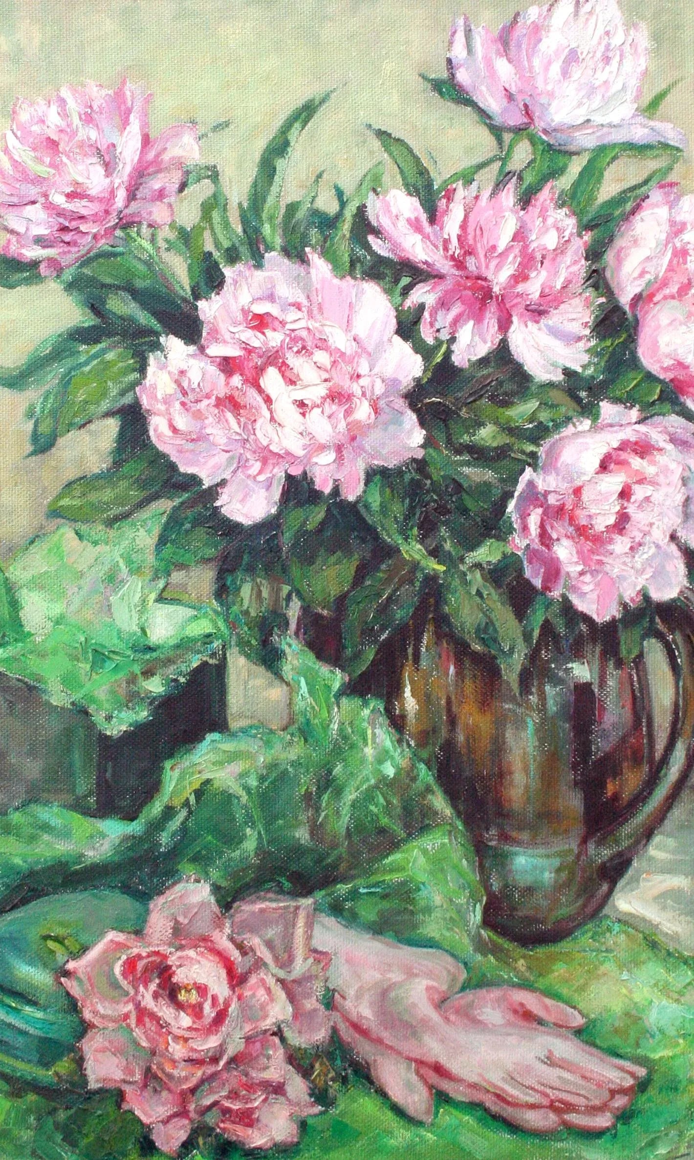 Mid 20th Century Spring Garden with Peonies and Garden Gloves Oil Painting by Helen Enoch Gleiforst - 3