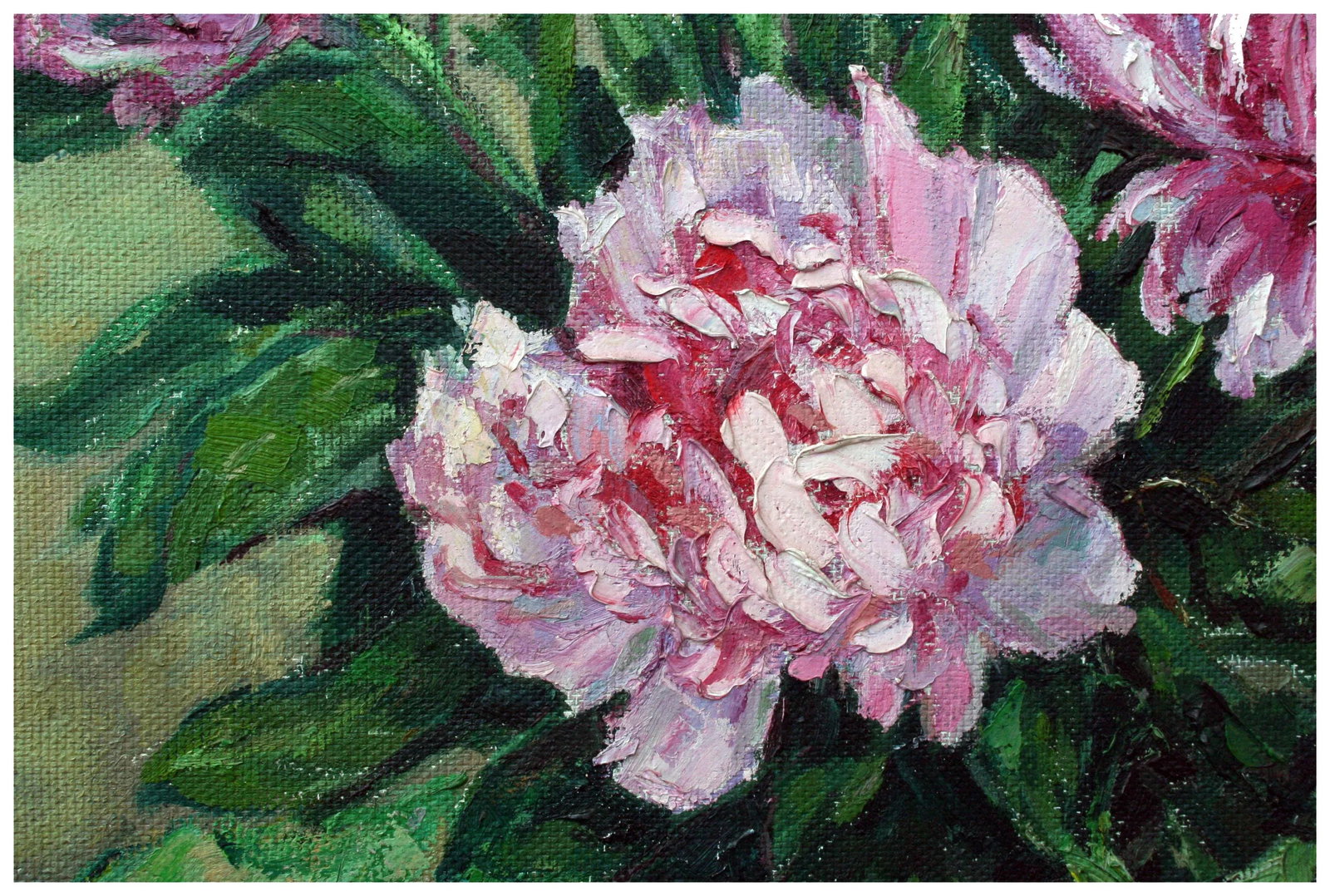 Mid 20th Century Spring Garden with Peonies and Garden Gloves Oil Painting by Helen Enoch Gleiforst - 4