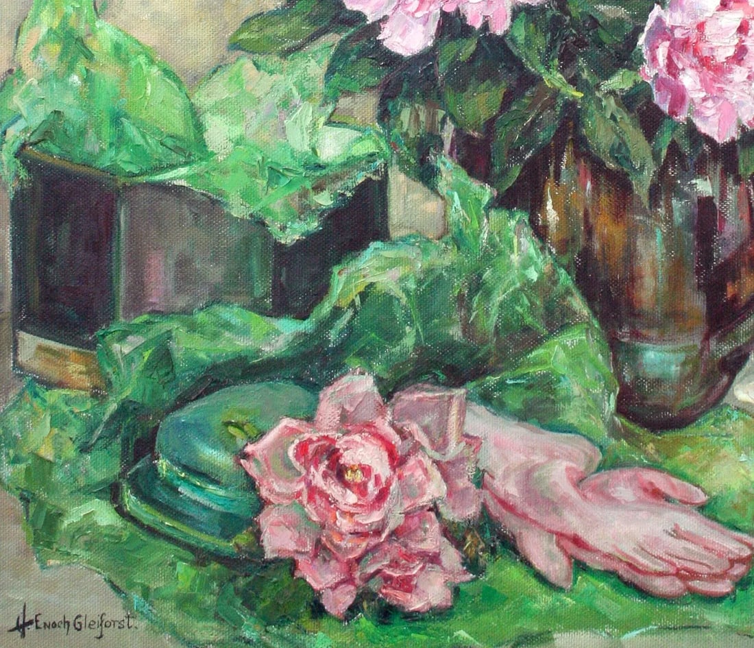 Mid 20th Century Spring Garden with Peonies and Garden Gloves Oil Painting by Helen Enoch Gleiforst - 5