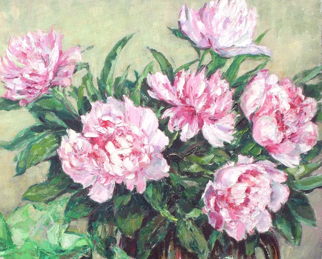 Mid 20th Century Spring Garden with Peonies and Garden Gloves Oil Painting by Helen Enoch Gleiforst - 6