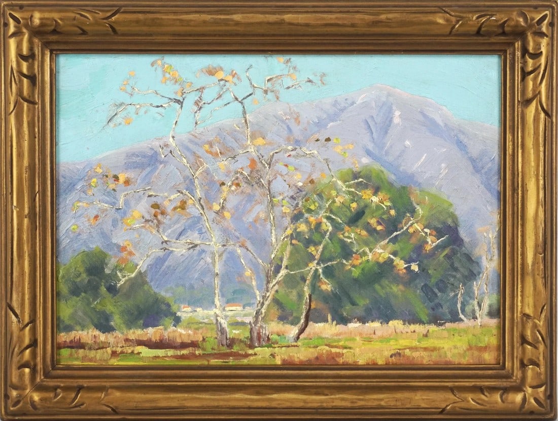 San Gabriel Mountains in Autumn Landscape California School 1930s: Beautiful California plein air painting of San Gabriel Mountains in autumn with iconic Sycamore tree in foreground. Circa 1960. Unsigned. Presented in vintage gilt-toned carved wood frame. Image