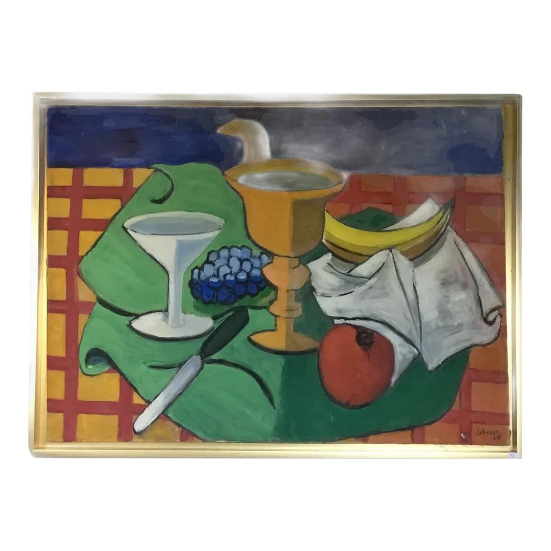 E Johnson 1948 Modernist Still Life Painting: A vivid 1948 Modernist still life painting by E Johnson. Presented in a gold gallery drop in frame. Oil on canvas, Signed and dated lower right. 36 x 27 Condition: Imperfections: Some Imperfections