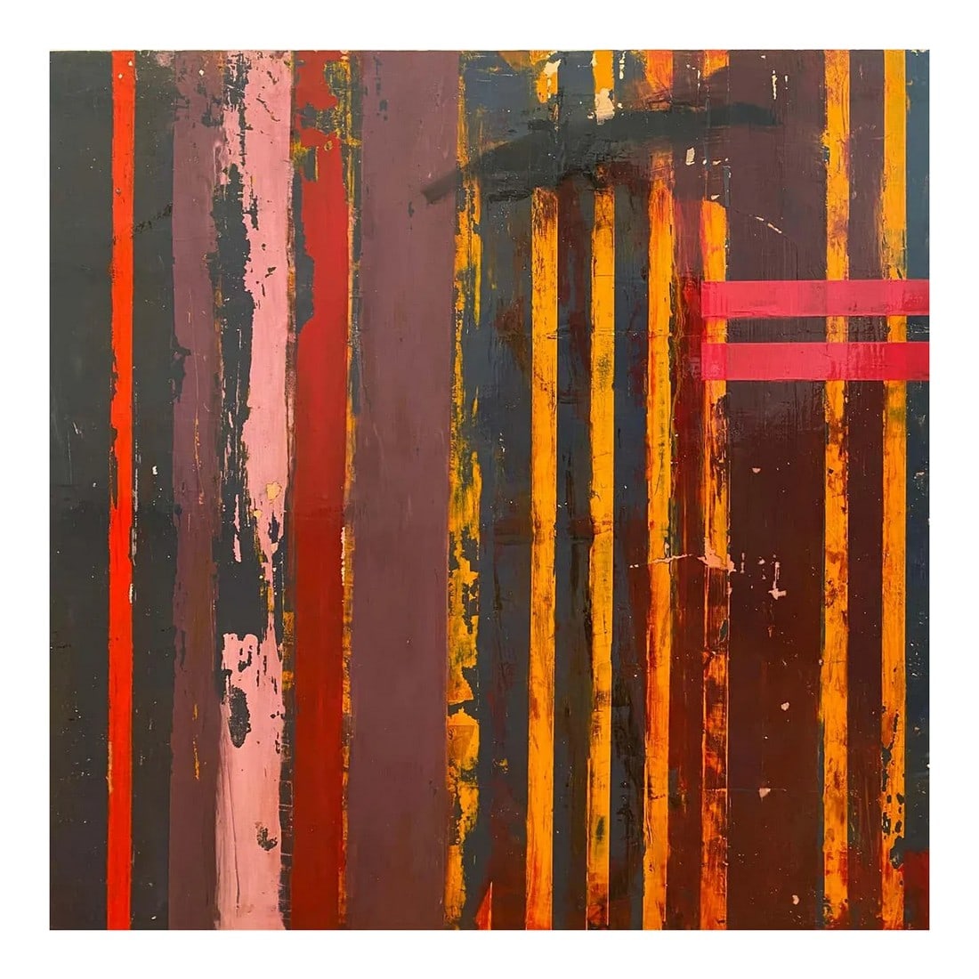 Lisa Lightman, Wall in Florence: This art work was inspired by a walk in Florence and the image on a side street. The shorter red horizontal stripes on the right side are a display of positivity amidst the 'disruption' in many of