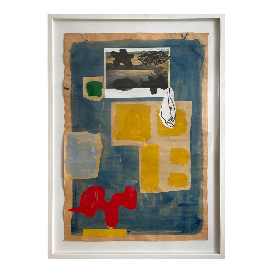 2006 "Midsummer Blue" Swedish Abstract Expressionist Painting by Peter Astrom: Midsummer Blue, Swedish abstract expressionist watercolour collage painting on paper. Framed in white lacquered wood frame, measuring 41" length x 29.25" width x 1.25" depth. Painting measures 35.25"