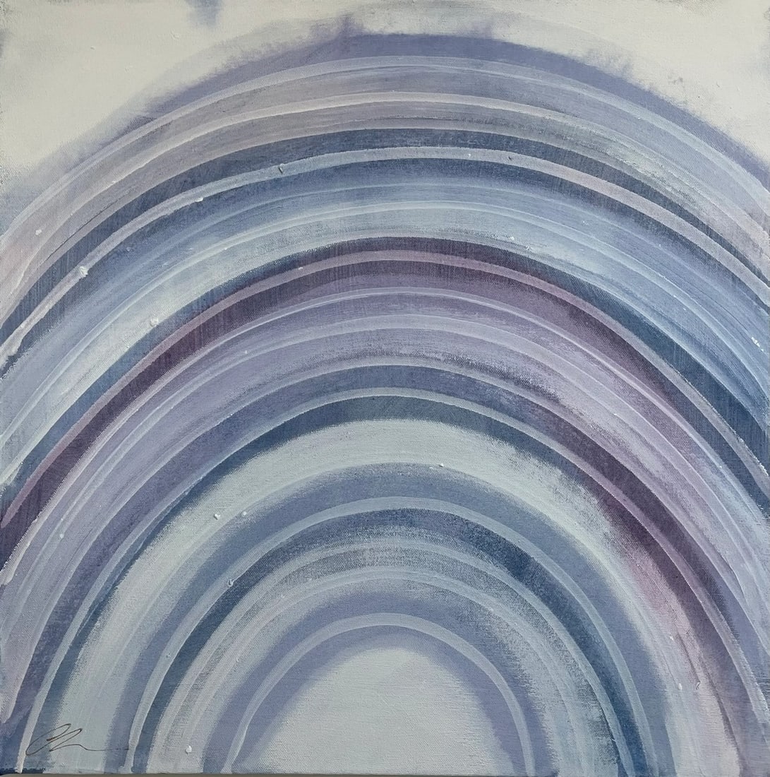 Denim Rainbow Contemporary Original Abstract Mixed-Media Painting by Cathe Hendrick: This painting on gallery wrapped canvas was created using fabric dye and acrylic paint. It is being published for the print and design market by McGaw graphics. Condition: Imperfections: No