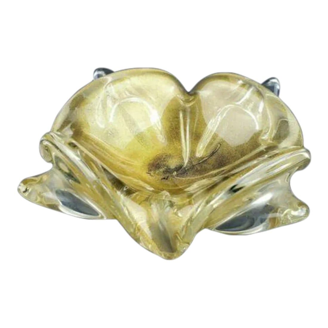 Mid-Century Murano Glass Biomorphic Ashtray in Gold Aventurine: Murano Glass Biomorphic Ashtray Absolutely stunning piece of Mid-Century Murano glass! Gold Aventurine Mid-Century Gold Center w/ Clear Glass Pedals Measures 7.50 in x 7.50 in Condition: Alterations: