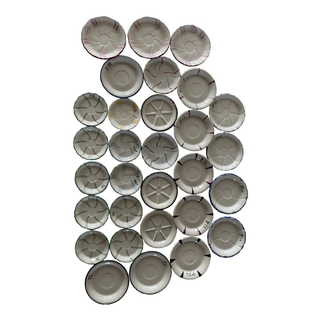 Late 20th Century Sets of French Tip Trays- 30 Pieces: This is a fun collection of porcelain tip trays from an elegant era in Paris where accessories were an art form. Condition: Alterations: Original Condition Unaltered Imperfections: Some Imperfections