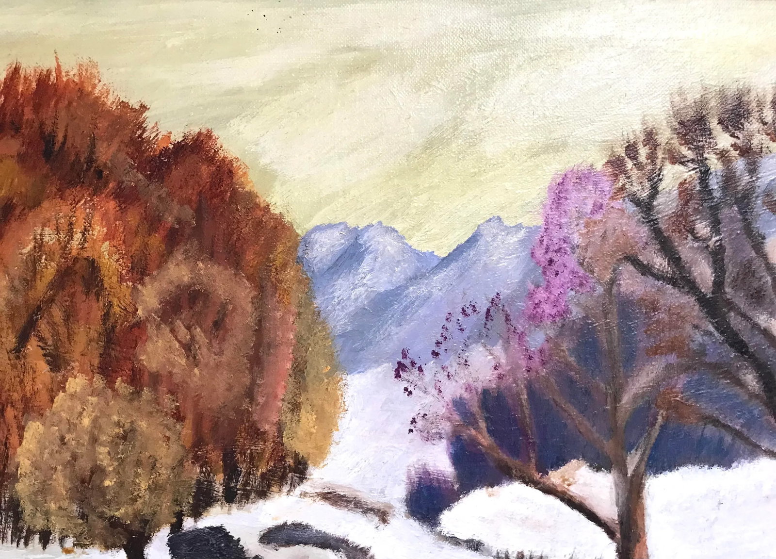 1980 Mary Dutiel Winter Scene Primitive Oil Painting on Canvas Board, Framed - 2