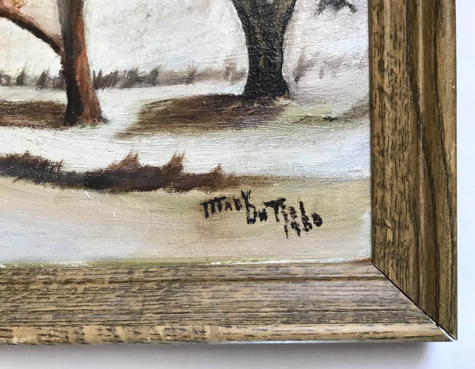 1980 Mary Dutiel Winter Scene Primitive Oil Painting on Canvas Board, Framed - 3