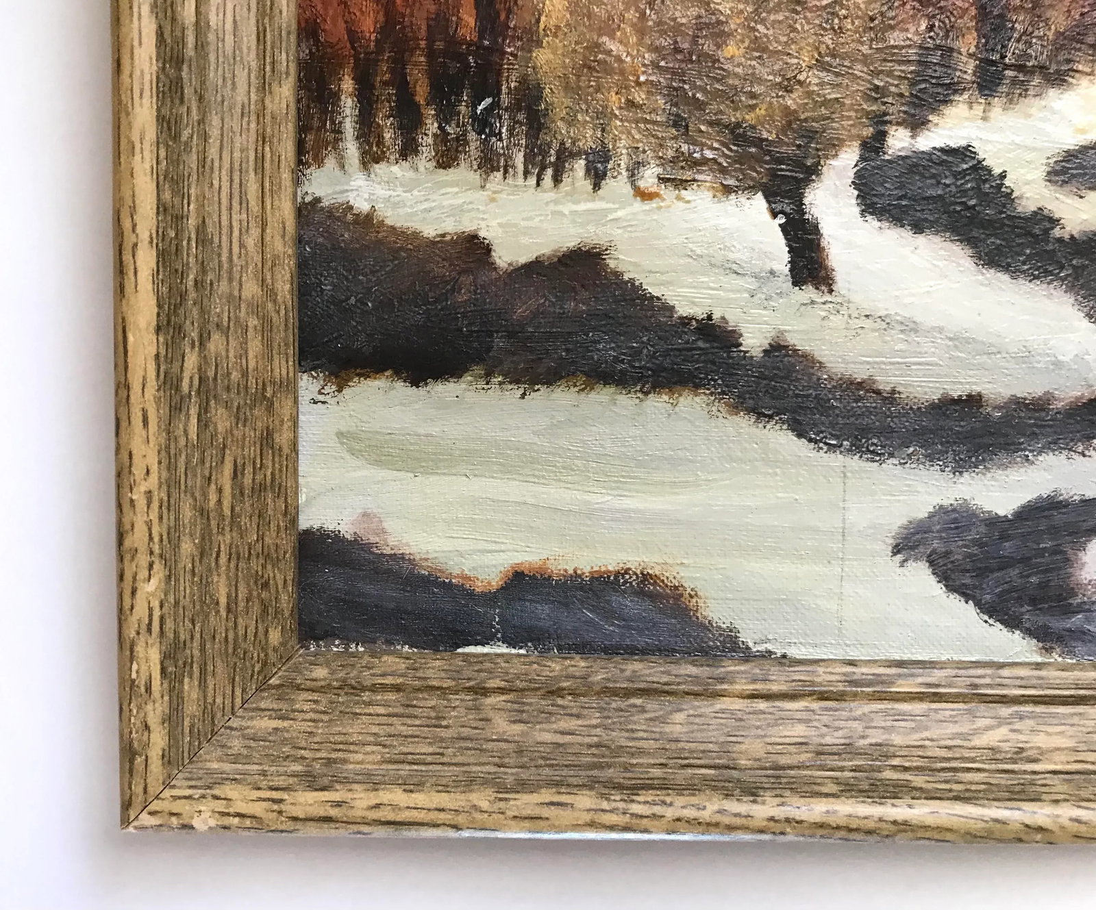 1980 Mary Dutiel Winter Scene Primitive Oil Painting on Canvas Board, Framed - 4