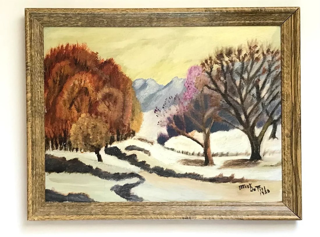 1980 Mary Dutiel Winter Scene Primitive Oil Painting on Canvas Board, Framed - 8