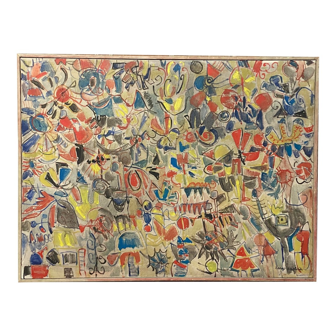 1960s "Flight of Fancy" Abstract Expressionist Oil Painting by Sara Skolinik, Framed: Sara Skolnik's 'Flight of Fancy' oil paint on canvas is a visual symphony of line and color. Her use of five true primary colors ( Francois d'Aguilon's yellow, red, blue, white and black) gives the