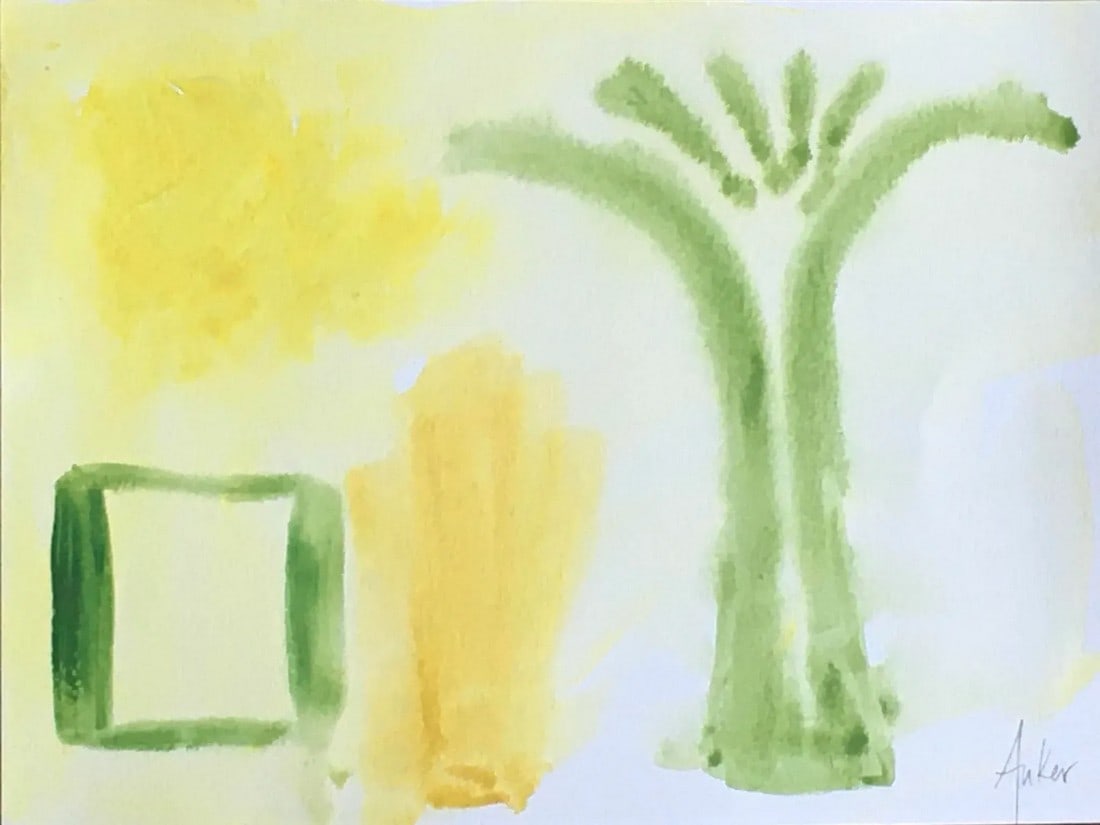 Sunlit Palm Minimalist Watercolor Painting by CL Auker: Inspired by Florida lifestyle. A loose drawing in watercolor on heavy acid free watercolor paper. A completely unique and original artwork. COA included. Cassandra Linnea Auker is a professional