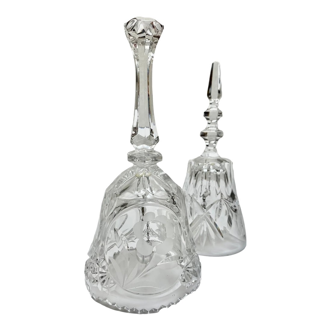 Set of Two Cut Glass Crystal Bells: Sweet elegant vintage crystal etched glass dinner bells. One large and one a bit smaller. Beautiful cut glass flower and faceted crystal motif patterns. Condition: Alterations: Original Condition