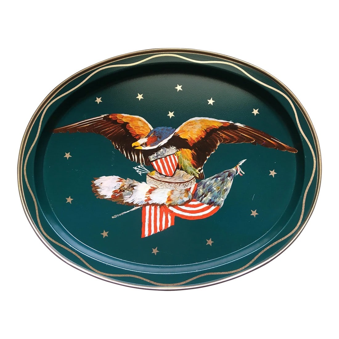 Vintage Teal & Gold Eagle Serving Tray: A vintage eagle and shield serving tray in excellent condition. Ships within 1-2 days using USPS. All items packed with care. Please contact us with any questions. Arrives within 2-5 business days