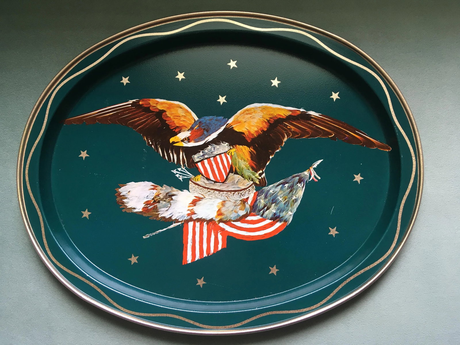 Vintage Teal & Gold Eagle Serving Tray - 2