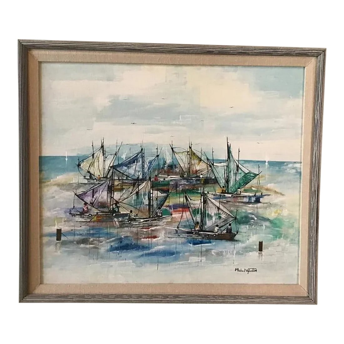 1980s Original Haitian Sailboats Oil Painting by Michel Valestin: Original Oil Haitian Painting by Michael Valestin. This is a beautiful painting of sailboats of fishermen on the water in Haiti. The condition is exception, the colors are vibrant. Beautiful,
