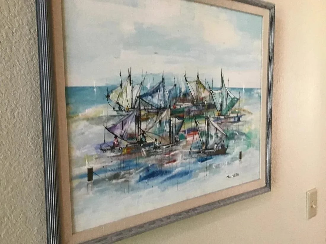 1980s Original Haitian Sailboats Oil Painting by Michel Valestin - 3