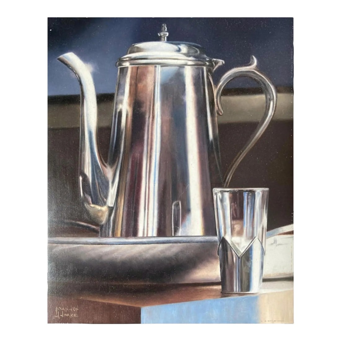 Afternoon Drink (Super-Realism Contemporary Photorealist Still Life Painting), Brandon Drake: A superb super-realist depiction of a sliver pitcher and a glass in a silver sleeve, by one of the best, Brandon Drake. Super-realists often like to take on silver and glass because of the difficulty
