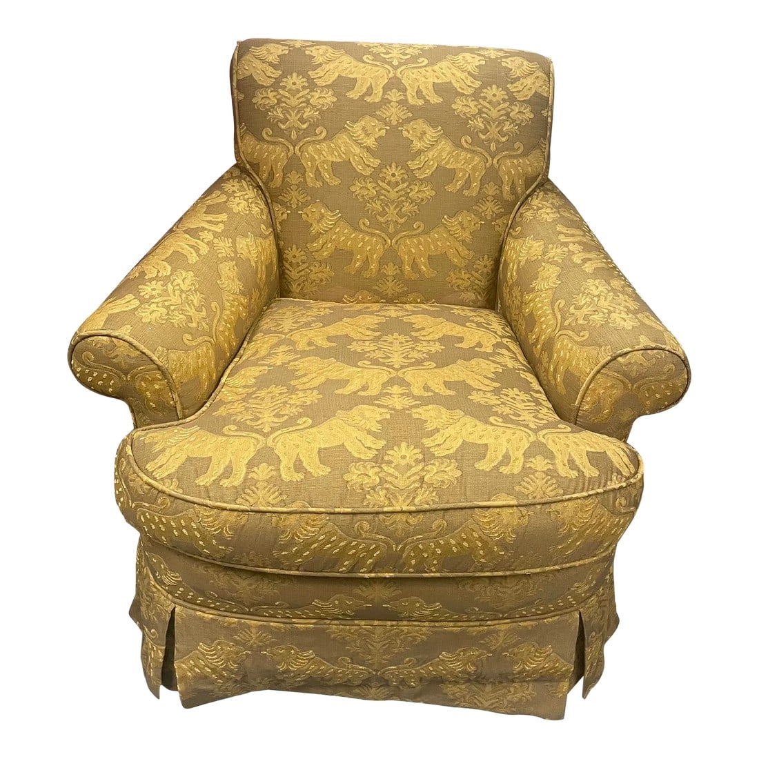 1980s Schumacher Furnishings Club Chair in Scalamandre Fabric: Elegant Schumacher Furnishings Club Chair in expertly covered in House of Scalamandre Fabric Condition: Alterations: Original Condition Unaltered Imperfections: Some Imperfections Condition Notes: nor