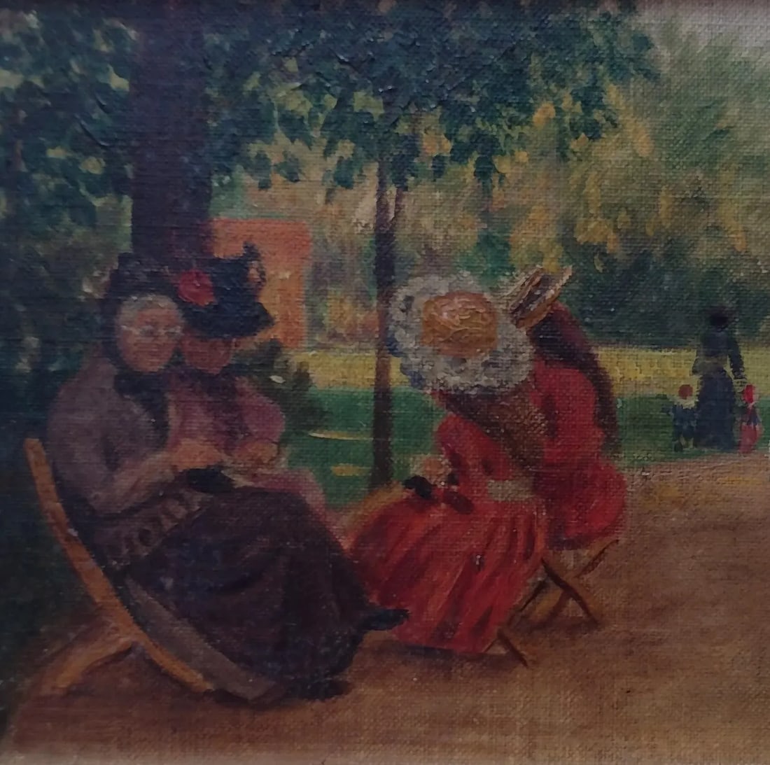 Ladies in Hyde Park London Oil on Board Vintage Painting Gold Frame 10x7 - 2