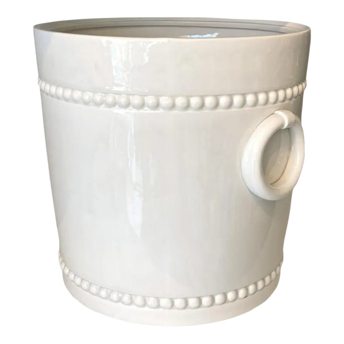1970s Italian White Ceramic Planter With Rings and Beaded Bands: A classic Italian white ceramic planter with rings and beaded bands, c. 1970's. Marked "Cantone" on bottom. 13" diameter x 12" high Condition: Alterations: Original Condition Unaltered Imperfections: