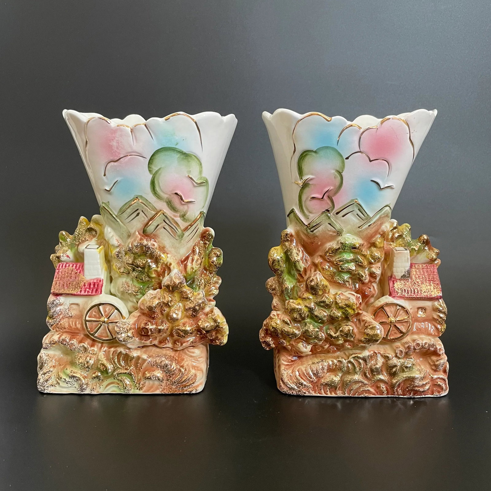 Pair Vintage Mid 20th Century Staffordshire Mill House in Woods Landscape Spill Vase With Gold Accen - 13