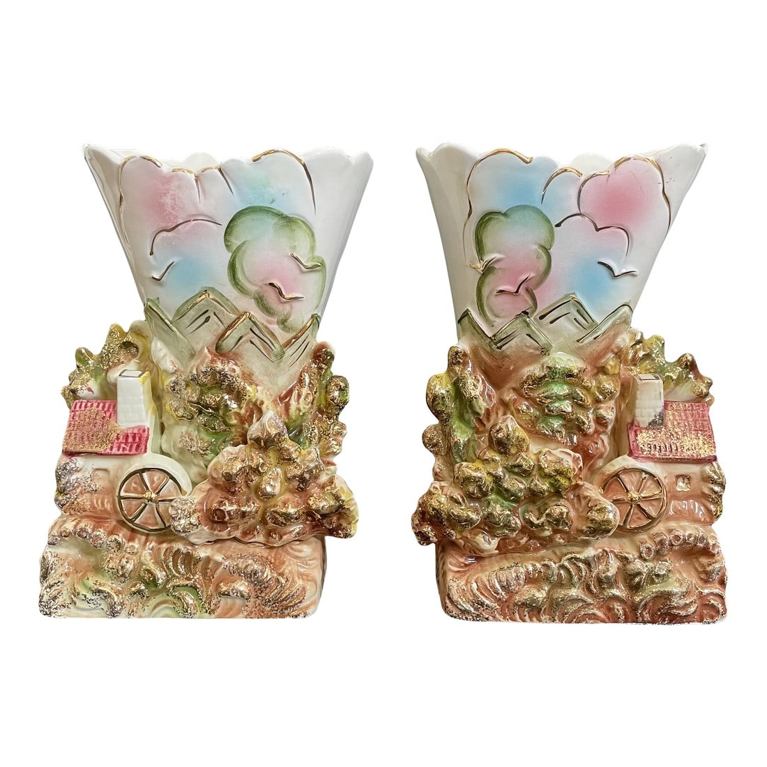 Pair Vintage Mid 20th Century Staffordshire Mill House in Woods Landscape Spill Vase With Gold Accen: Pair 20th Century Staffordshire Mill House in Woods Landscape Spill Vase. Hand crafted and hand painted with gold accents. Mountains and clouds formed the flare. Glossy finish. No maker's mark. Good