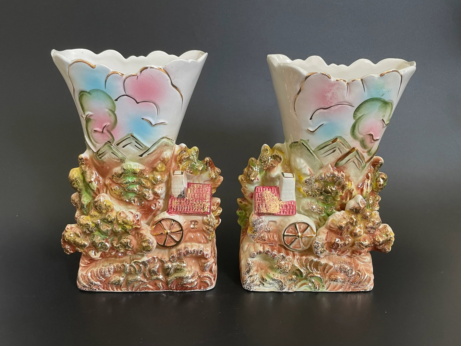 Pair Vintage Mid 20th Century Staffordshire Mill House in Woods Landscape Spill Vase With Gold Accen - 2