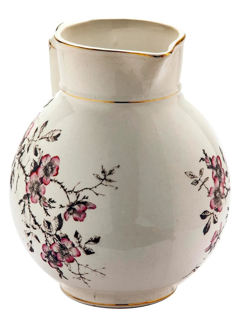 Antique Ironstone Pitcher With Pink Roses on Brown Branches - 2