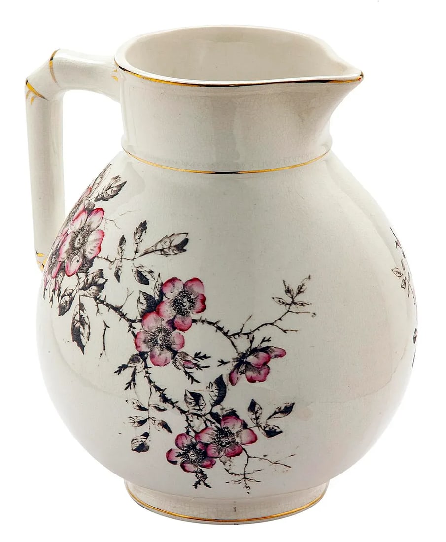 Antique Ironstone Pitcher With Pink Roses on Brown Branches - 3